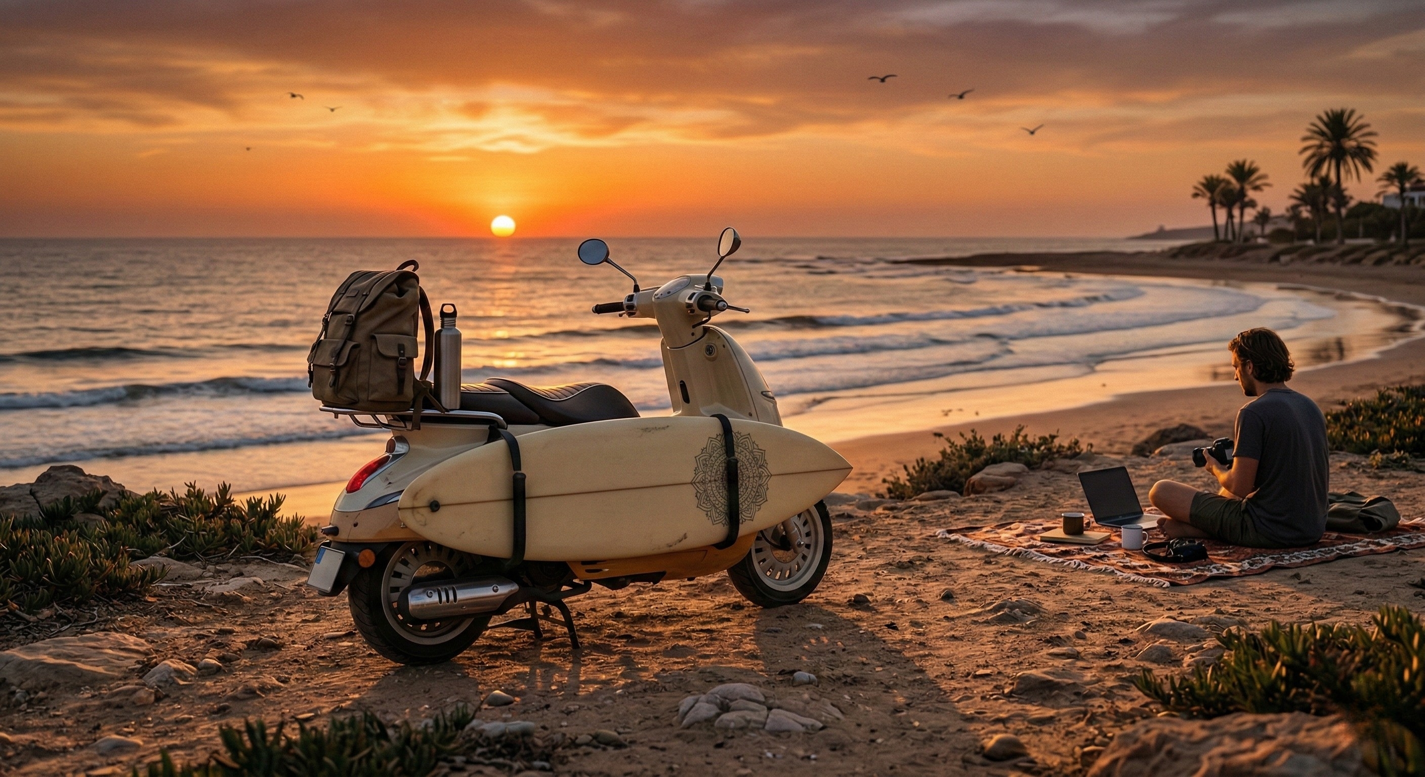A close-up view of a 50cc scooter parked on a bluff overlooking Banana Beach near Taghazout, Morocco, with the ocean at sunset
