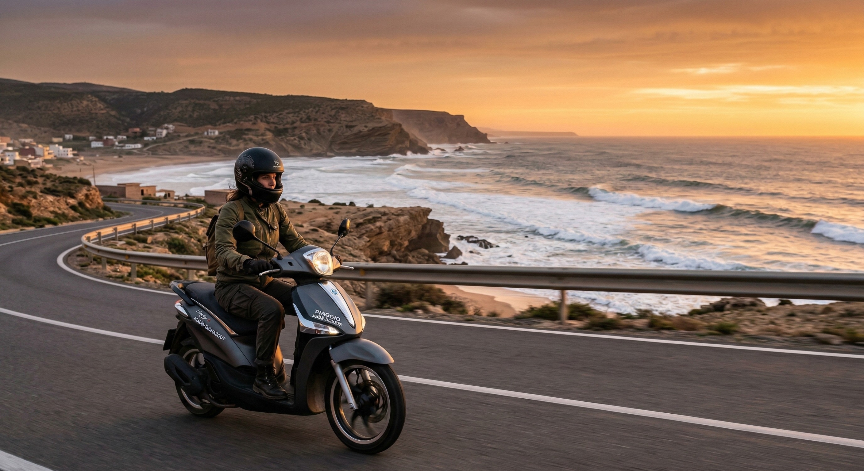 A traveler wearing a safety helmet rides a white 50cc scooter on a paved coastal highway overlooking the Atlantic Ocean near Agadir, Morocco, during the golden hour