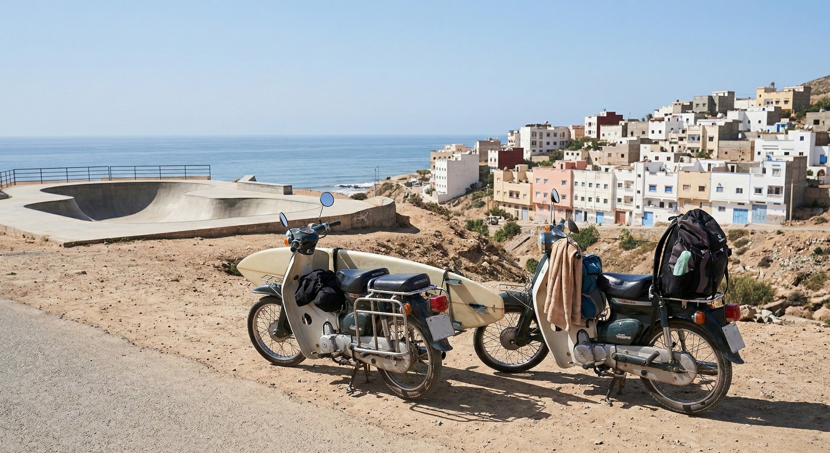 Two 50cc scooters parked on a sandy road near the Taghazout Skatepark in Morocco, with one scooter featuring a surfboard rack, the white buildings of Tamraght village and the Atlantic Ocean in the background