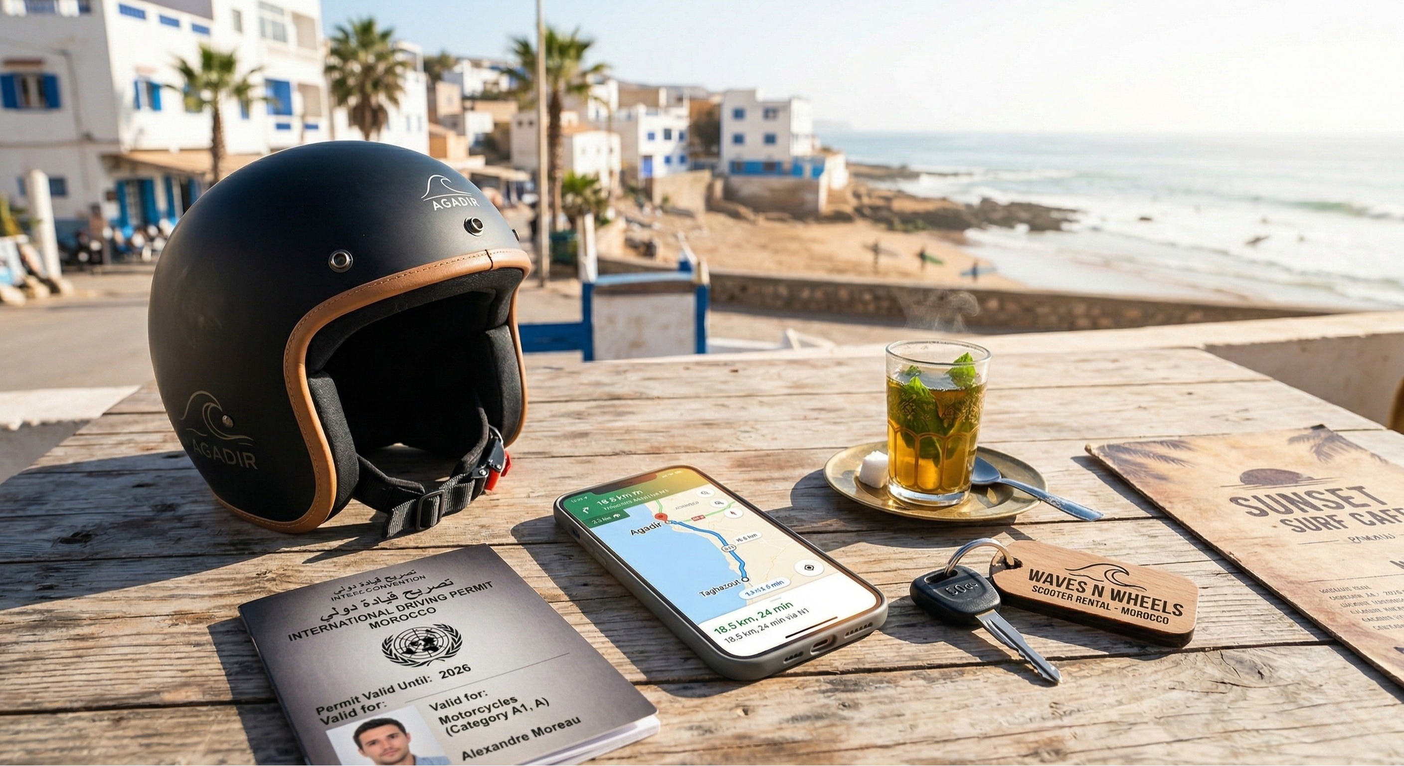 A digital-first travel setup on a wooden table featuring a smartphone displaying a GPS navigation route to Taghazout, 50cc scooter keys, a modern safety helmet, and an International Driving Permit, with a coastal Moroccan backdrop