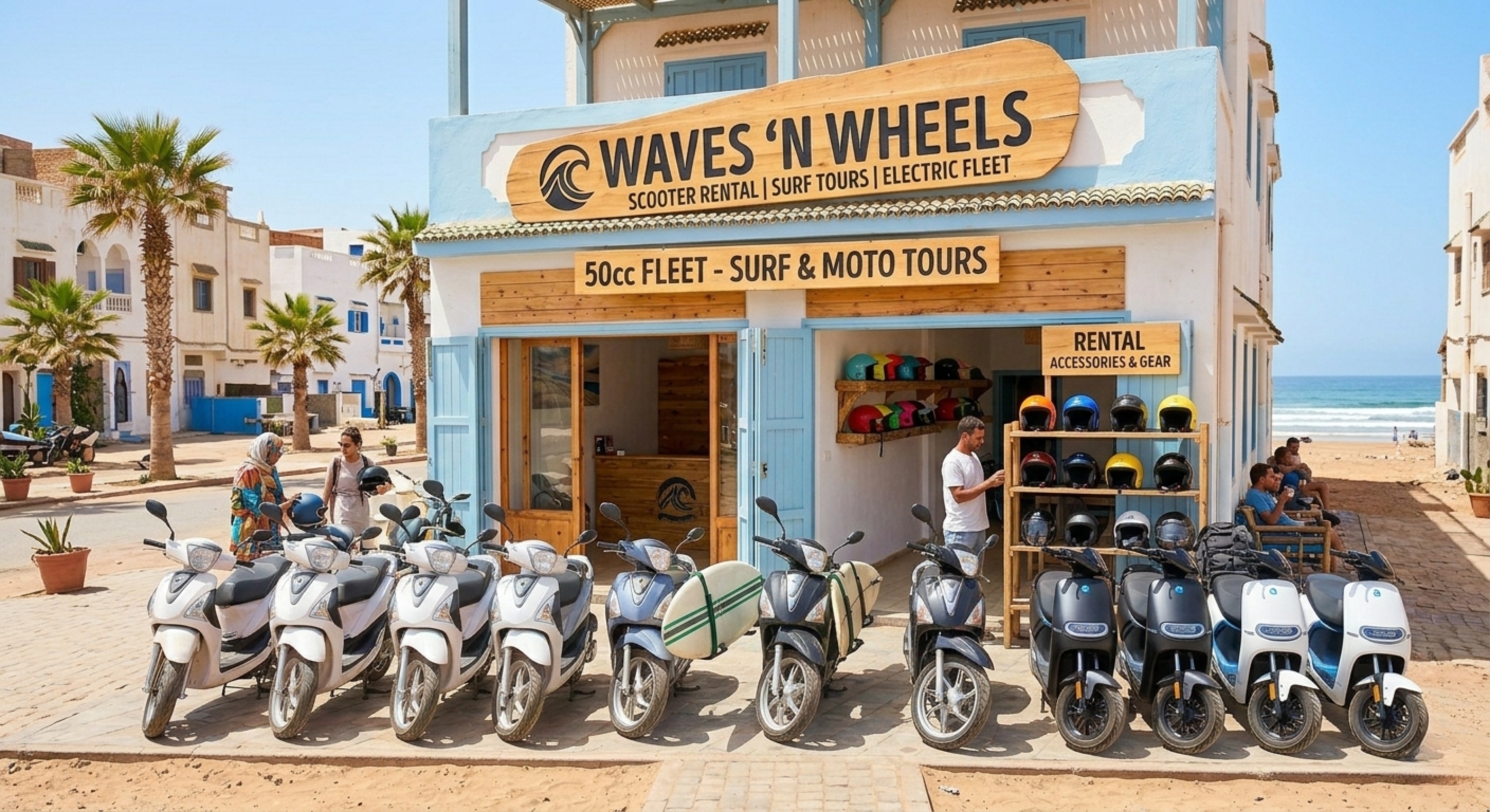 The Waves'N Wheels rental shop in Tamraght, Morocco, featuring a diverse fleet of 50cc mopeds, surf scooters with board racks, and eco-friendly electric scooters parked in front of a modern storefront
