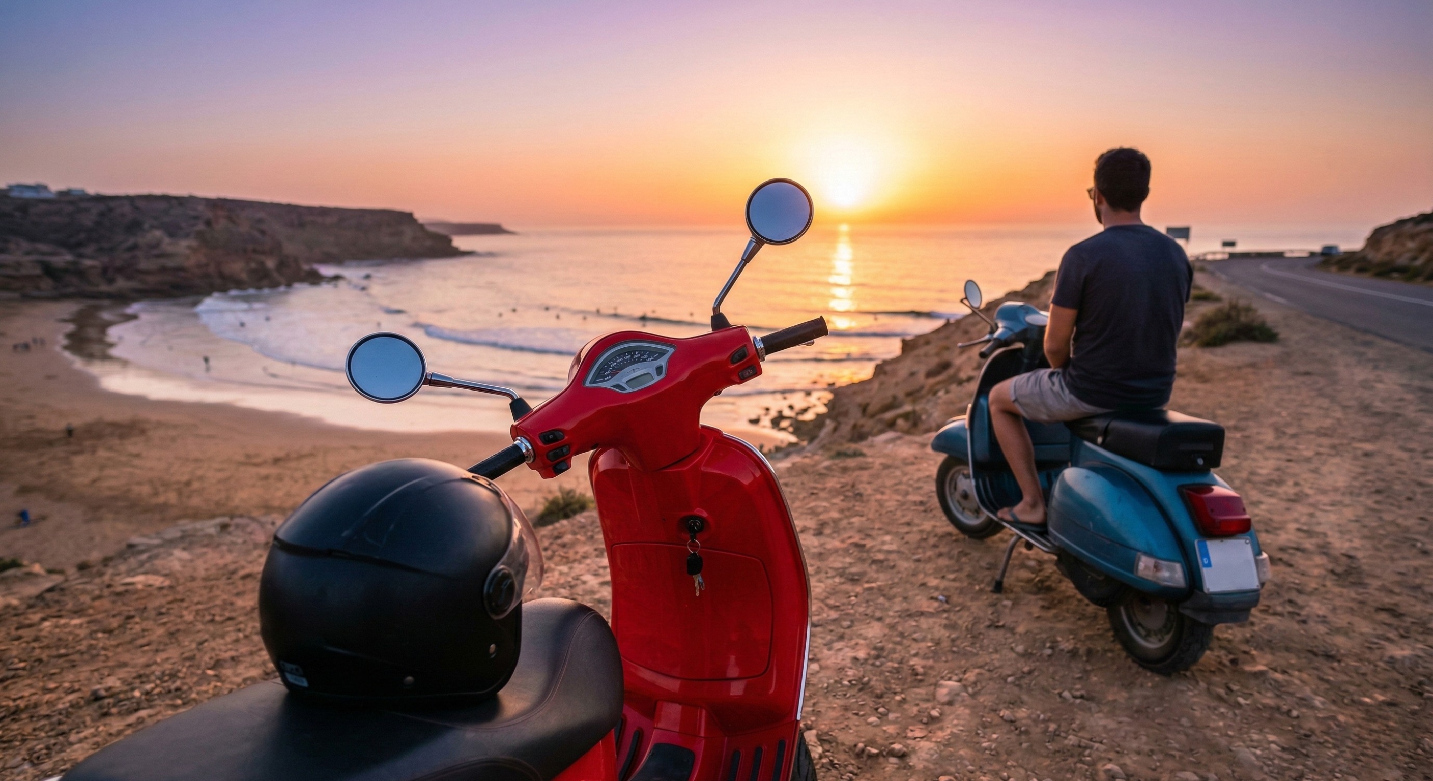 A close-up view from a red rental scooter parked on a viewpoint overlooking a busy surfing beach in Tamraght, Morocco, at sunset, capturing the adventurous coastal culture