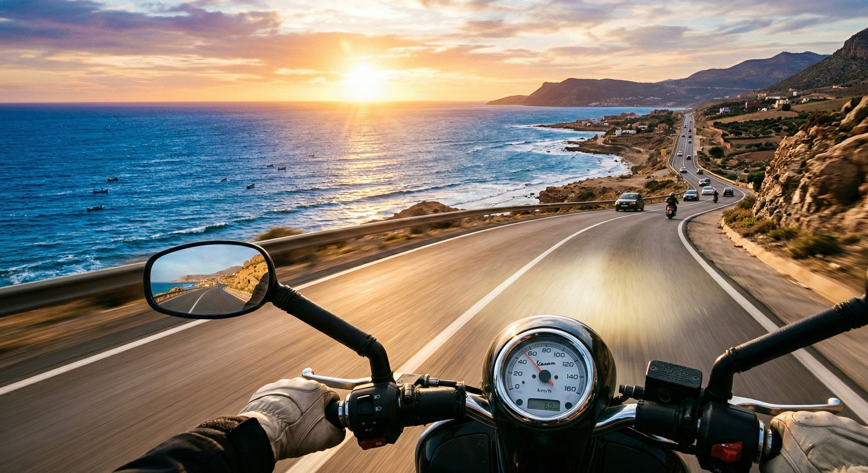 First-person POV of riding a scooter on the coastal highway from Agadir to Taghazout, showing the handlebars and a winding road next to the ocean at sunset