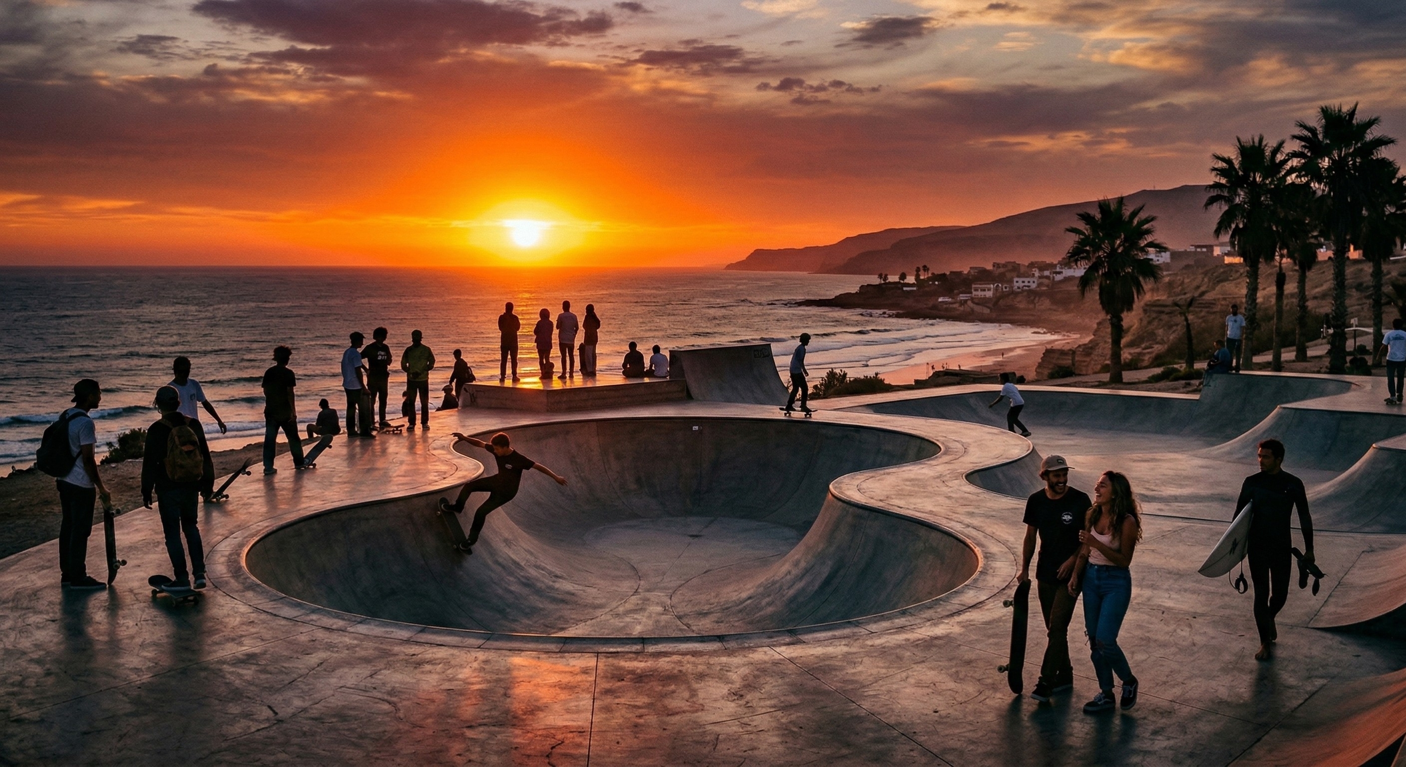 Silhouette of people at Taghazout Skatepark during a vibrant orange sunset, overlooking the elevated coastline and the Atlantic Ocean near Agadir