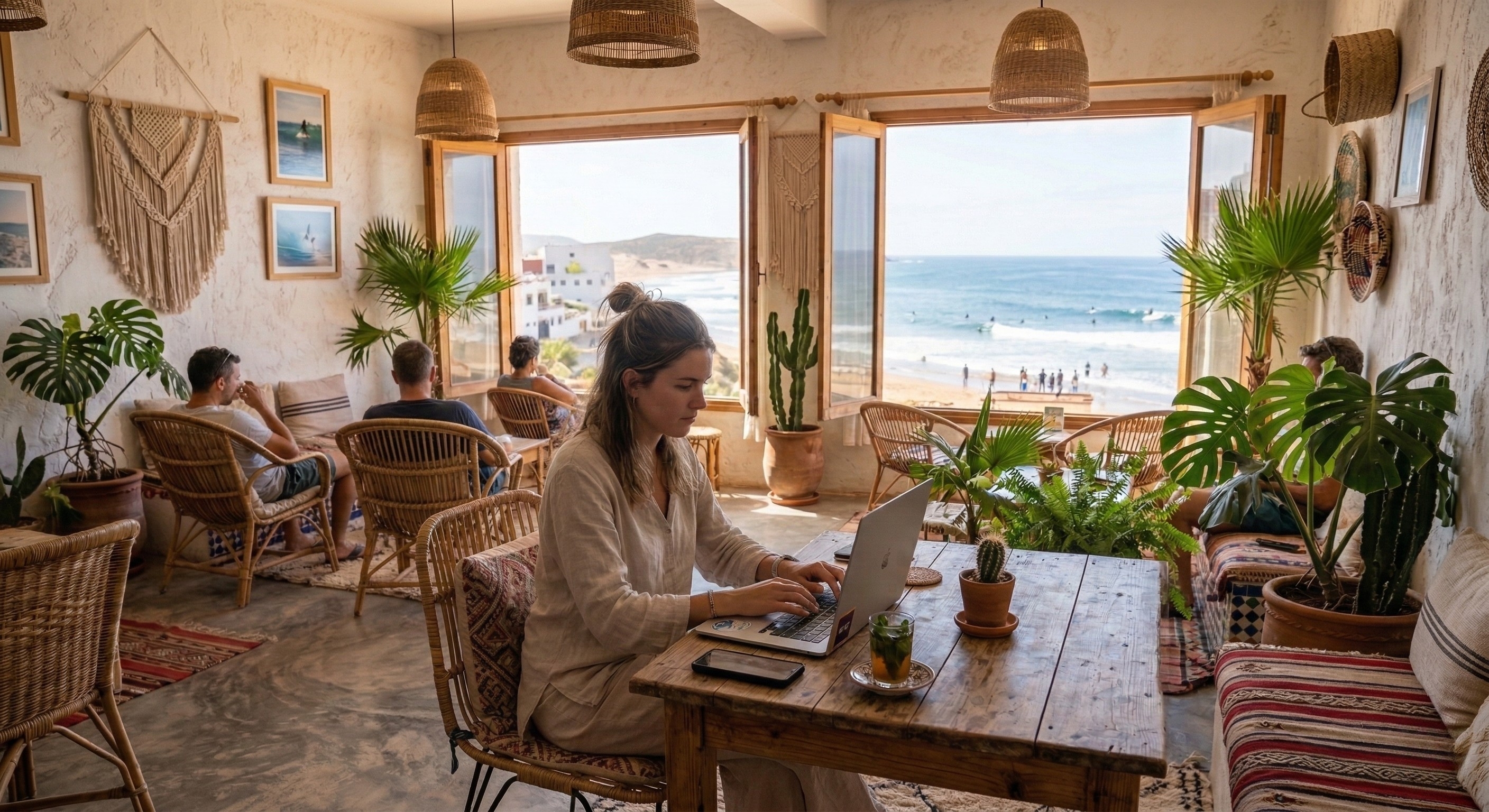 Remote worker in a beachfront cafe in Tamraght using high-speed Wi-Fi for a morning work session near Taghazout
