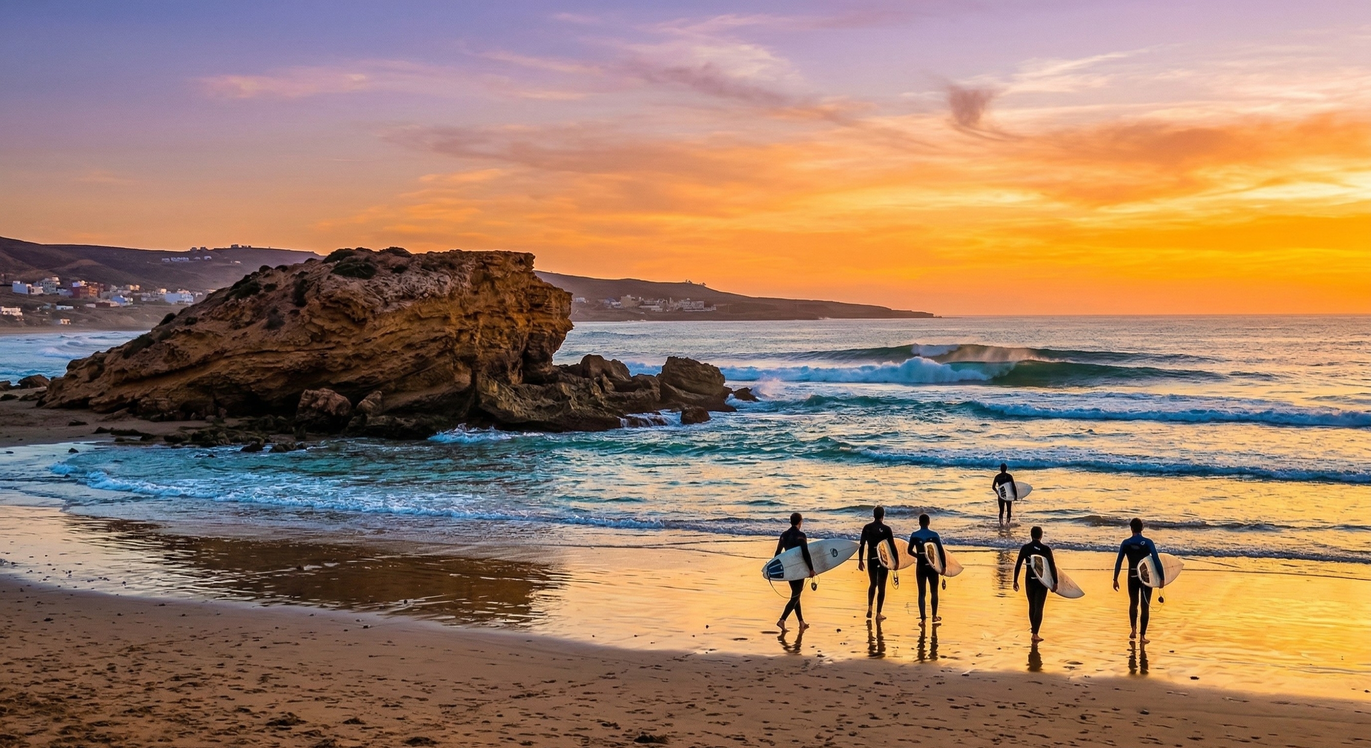Surfers walking toward Devil's Rock beach in Tamraght during sunset as part of a daily work-surf routine