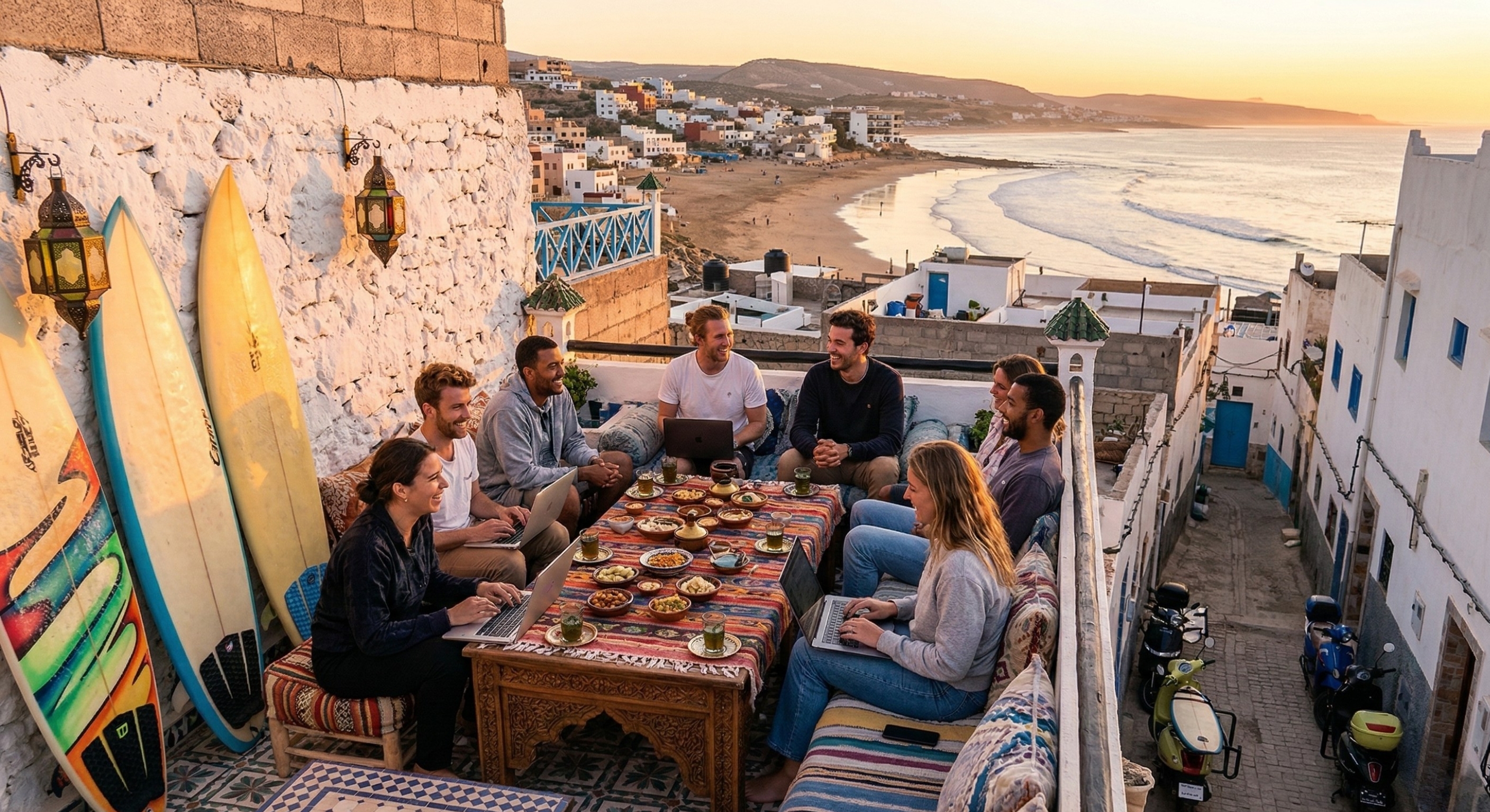 A group of digital nomads and freelancers socializing on a terrace in Tamraght, balancing productivity and outdoor activity