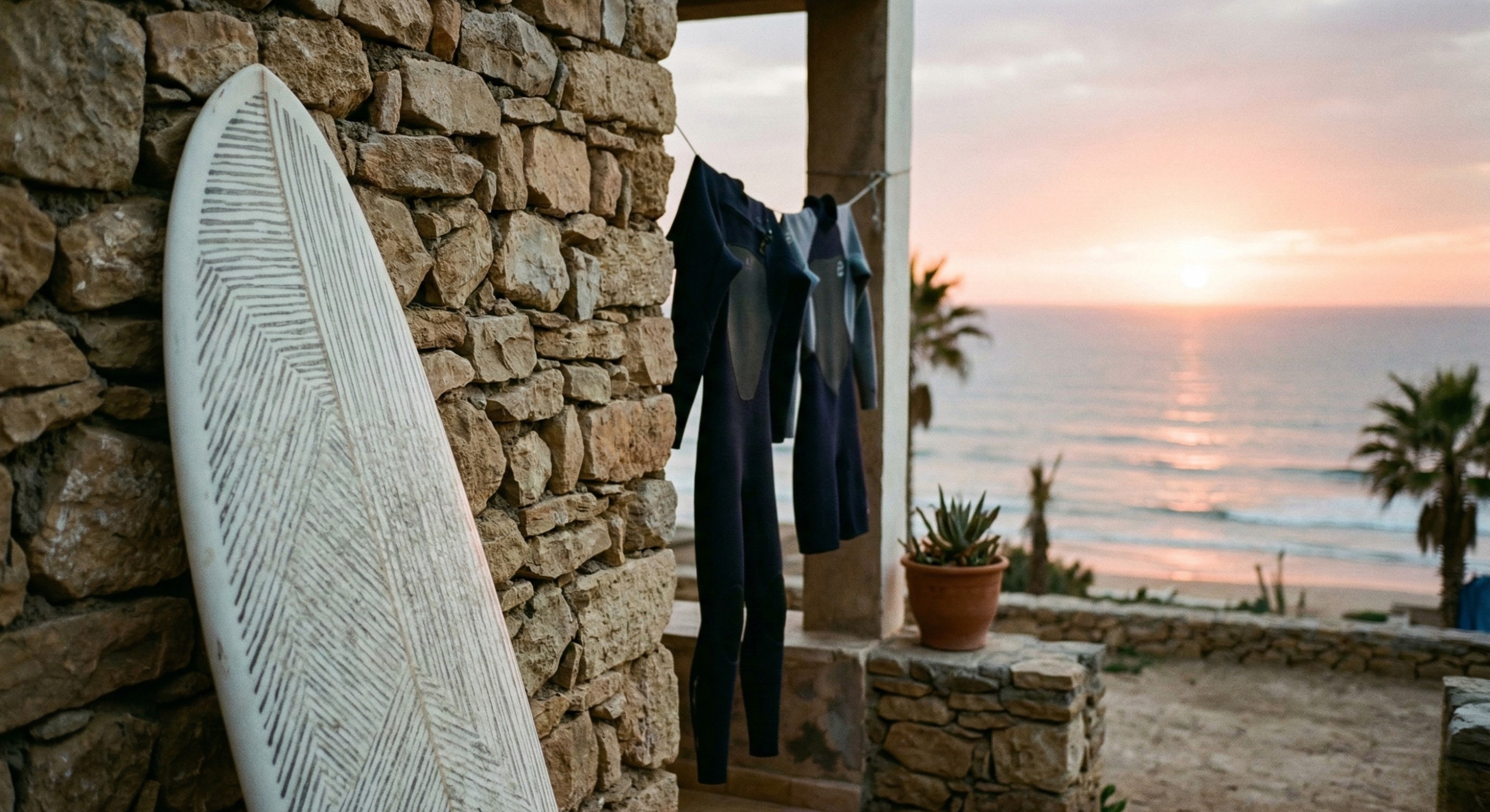 Surfboards and wetsuits at a surf house in Tamraght, highlighting the coastal lifestyle for remote workers in Morocco