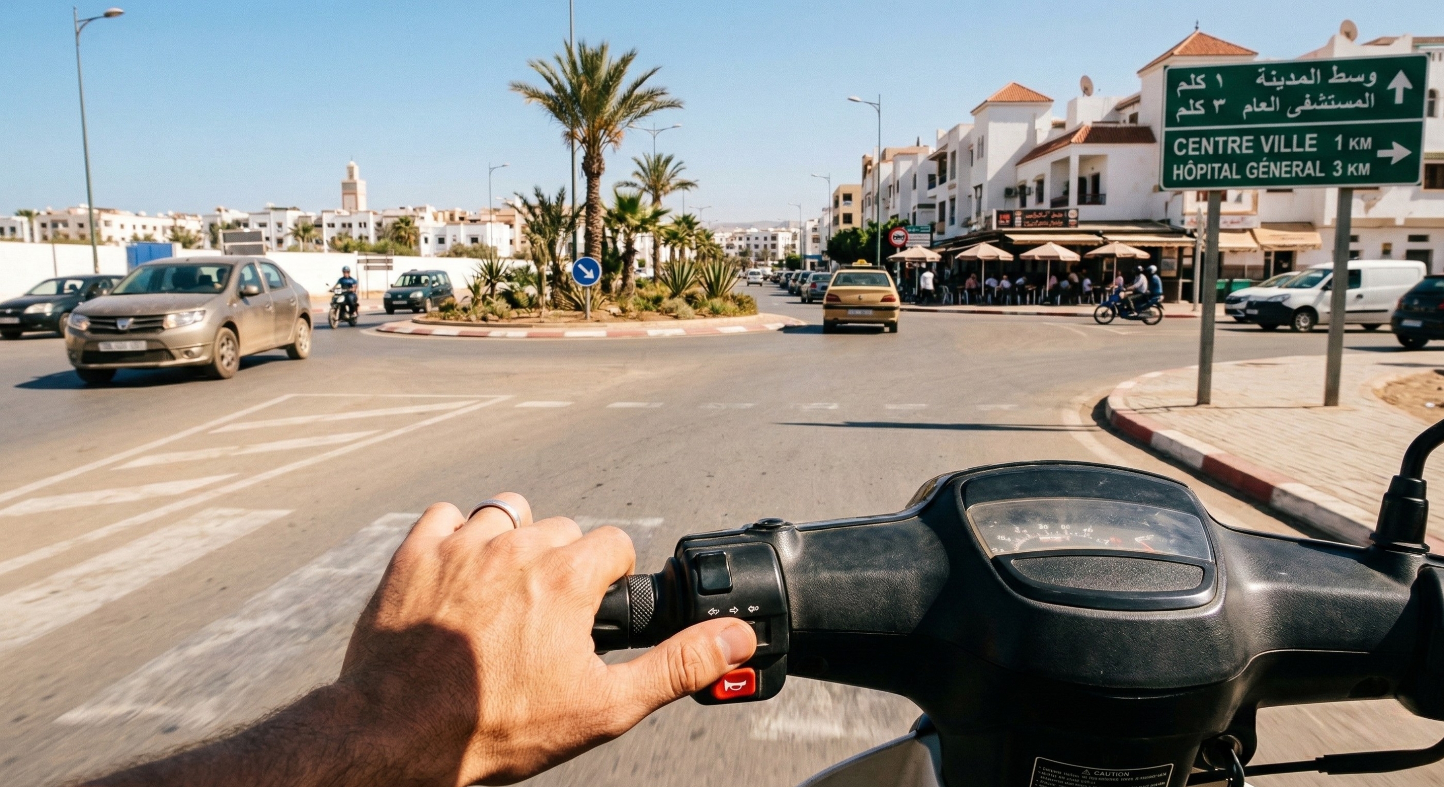 POV shot of scooter handlebars and Moroccan road signs at a sunny intersection