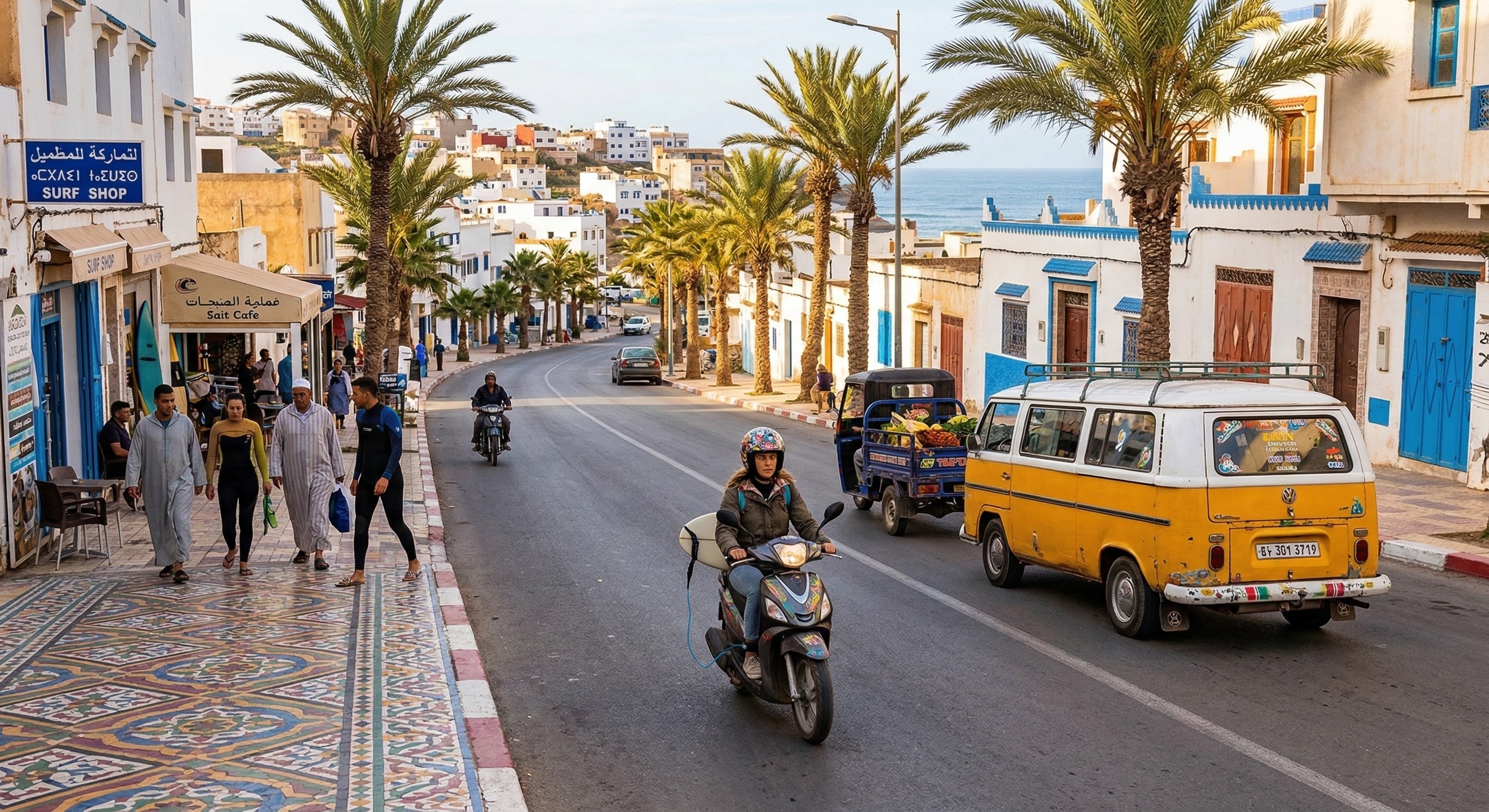 A scooter rider navigating a busy, palm-lined street in a Moroccan coastal town
