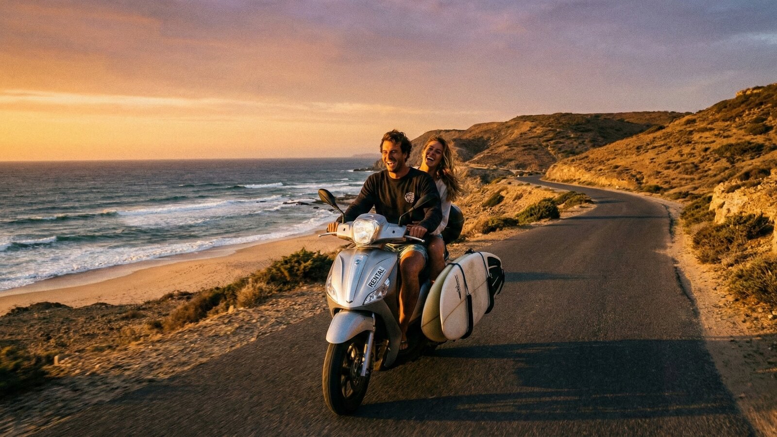 Couple riding a rental scooter with surfboards along the coastal road between Tamraght and Taghazout at sunset