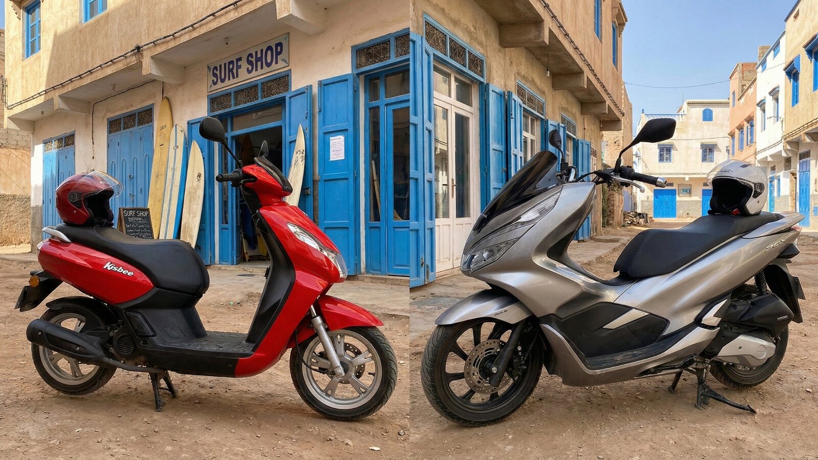Side-by-side comparison of a red 50cc moped and a silver 125cc maxi-scooter parked in a Tamraght street
