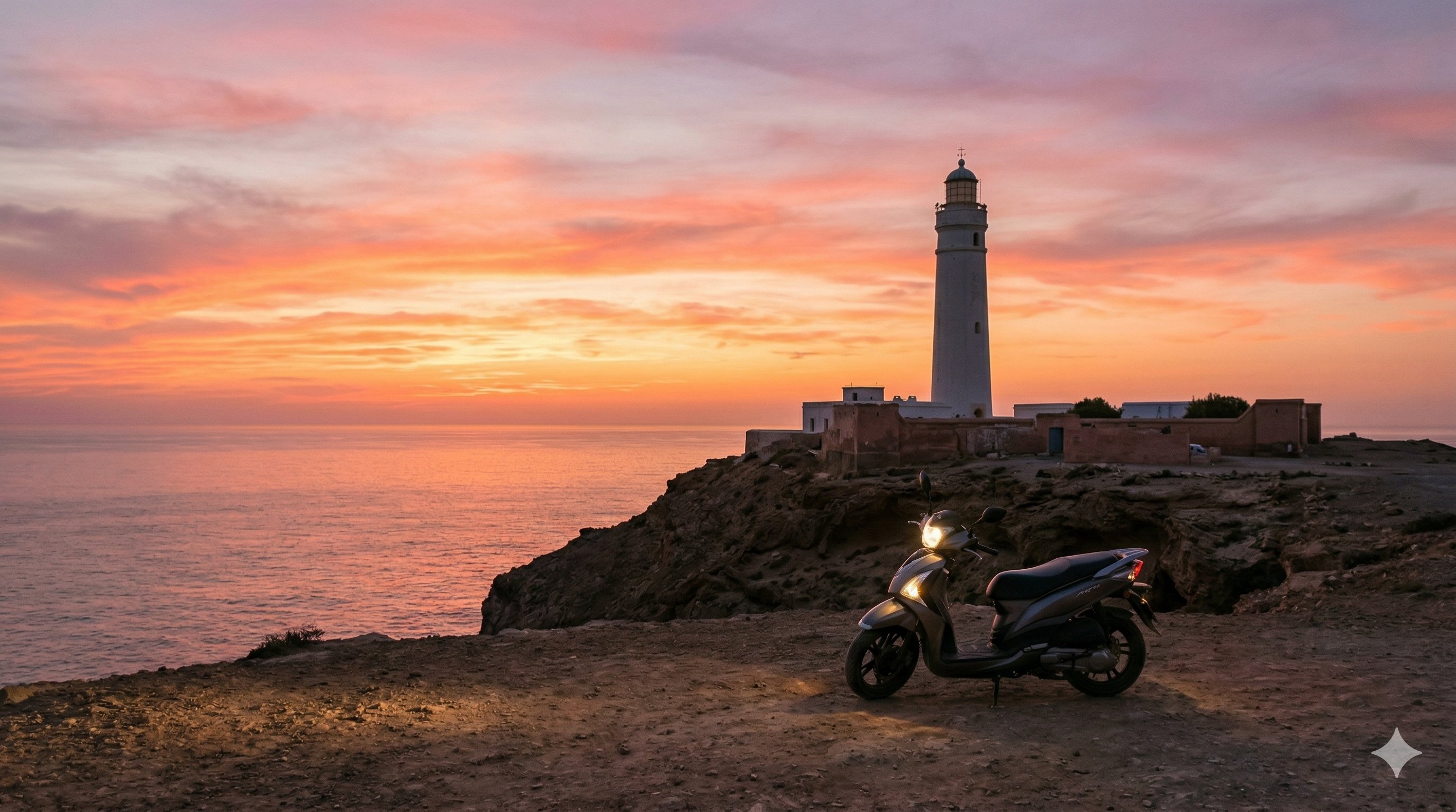 A scooter parked near the Cap Ghir lighthouse at sunset with a dramatic orange and pink sky reflecting on the Atlantic Ocean