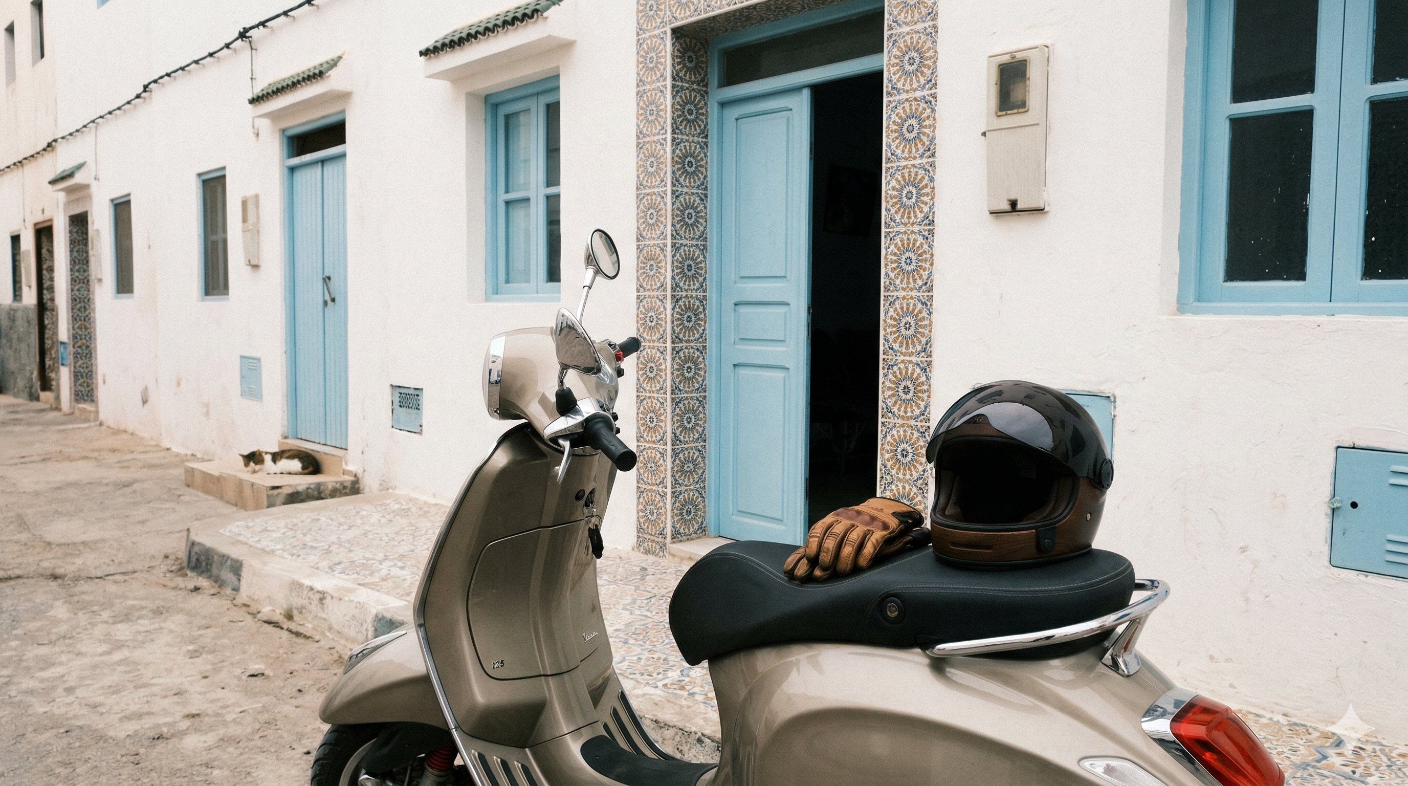 A scooter parked in a traditional Moroccan village street in Tamraght with white walls and blue doors before departing on the coastal road to Cap Ghir